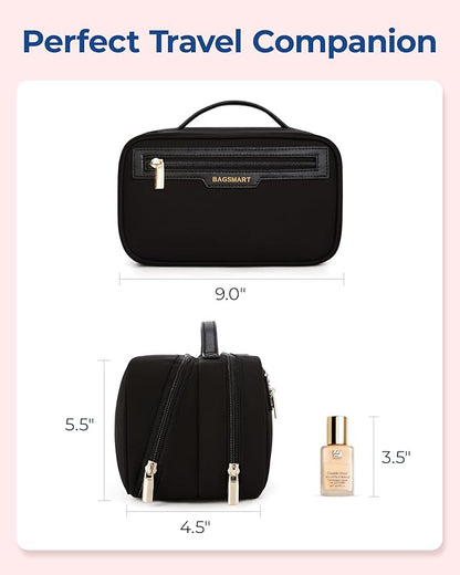 BAGSMART Toiletry Bag for Women, Travel Makeup Bag Organizer, Wide-open Make Up Bag Cosmetic Bags for Women for Travel Essentials Toiletries Accessories Bottles, Brushes, Black