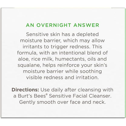Burt's Bees Calming Night Cream, With Aloe and Rice Milk, Face Moisturizer For Sensitive Skin Infuses Skin With Moisture While You Sleep, 98.8 Percent Natural Origin, 1.8 oz. Tub