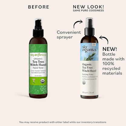 Sky Organics Organic Tea Tree & Witch Hazel for Face, Purifying Facial Toner to Hydrate, Soothe, Cleanse and Balance Blemish-Prone Skin, Helps Minimize the Appearance of Pores, 8 fl oz