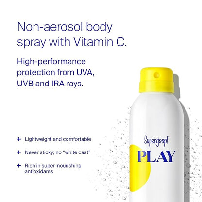 Supergoop! PLAY Antioxidant Body Mist with Vitamin C, 6 fl oz - SPF 50 PA++++ Broad Spectrum Sunscreen - Body Spray for Sensitive Skin - Clean Ingredients - Great for Active Days