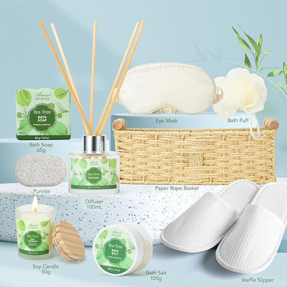 Spa Gift Basket - Tea Tree Bath Set With Shower Gel, Bubble Bath, Hand Cream, Soap, Salt, Essential Oil - Luxury Body Gift Kit for Women
