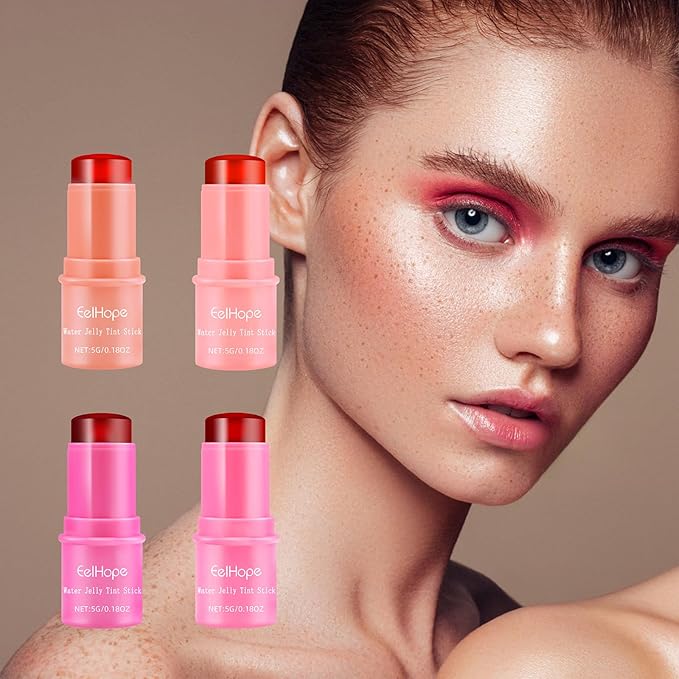 4 PCS Cooling Water Jelly Tint, Makeup Lip Tint Jelly Blush Stick, Jelly Blush Stick Lip Stain, 1,000+ Swipes Per Stick, Vegan, Cruelty Free, Buildable Watercolor Finish (multi-color)