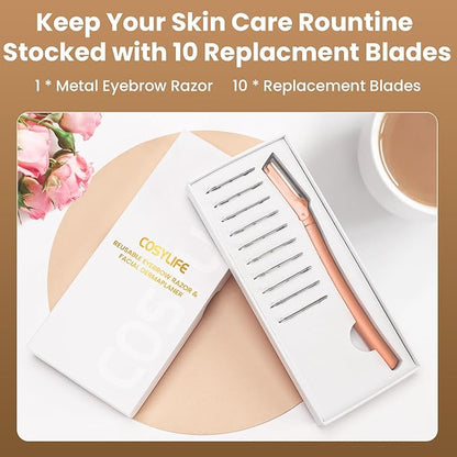 Eyebrow Razor Dermaplaning Tool with 10 Blade Refills Exfoliating Face Razors for Women Facial Razor for Peach Fuzz and Eyebrow Hair Removal