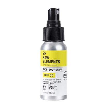 Raw Elements Face + Body Spray SPF 50 All-Natural Mineral Sunscreen - Reef Safe, Water Resistant, Broad Spectrum UVA/UVB Protection, Safe For All Ages, Travel Size 2oz