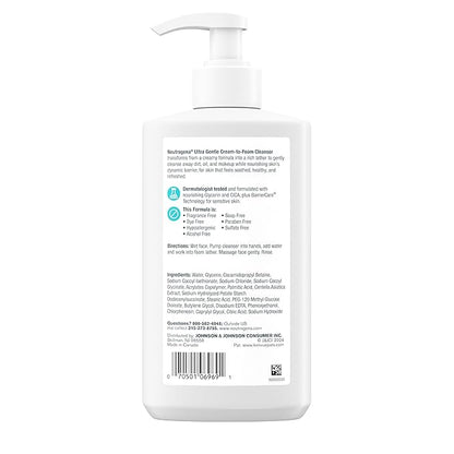 Neutrogena Ultra Gentle Cream-to-Foam Facial Cleanser, Transforms from a Creamy Cleanser to a Foaming Face Wash for Sensitive Skin, Fragrance-Free, Hypoallergenic, Non-Comedogenic, 12 oz