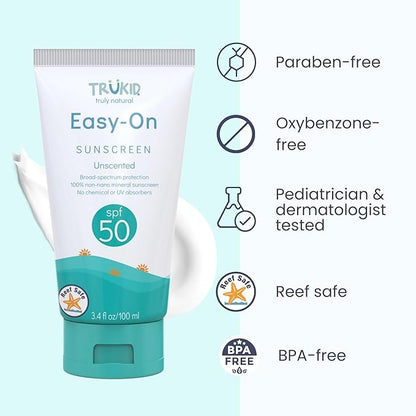 TruKid Easy On Mineral Sunscreen SPF 50 - Kids & Baby Sunscreen for Face & Body, Sunblock Protection for Sensitive Skin, Unscented, 3.4oz