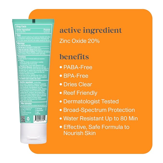 Thinkkids Mineral Sunscreen, SPF 30 Clear Zinc Oxide Sunscreen, 3 Fl Oz, Natural Reef Safe Sunscreen for Kids, Broad Spectrum UVA/UVB Sun Screen