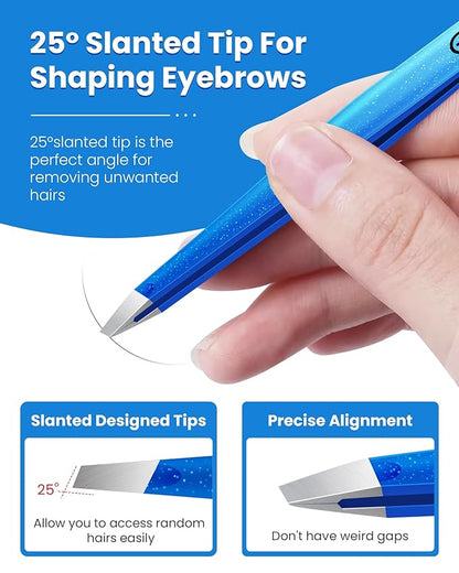 Expert Slant Tip Tweezers with Leather Travel Case, GlamTweeler Sharp & Precision Stainless Steel Tweezer for Eyebrows, Facial Hair and Fine Hairs Removal (Sparkle Royal Blue & Aqua)