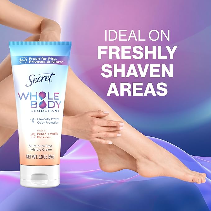 Secret Whole Body Deodorant Cream for Women, Peach & Vanilla Blossom Scent, Aluminum Free Deodorant, 72 HR Odor Protection, 3.0 oz