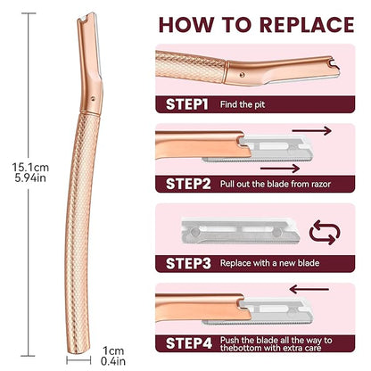 Eyebrow Razor-Face Razors for Women-Dermaplaning Tool for Face Exfoliation & Peach Fuzz with 12 Refill Blades-Facial Dermaplane Razors Shaver-Rose Gold
