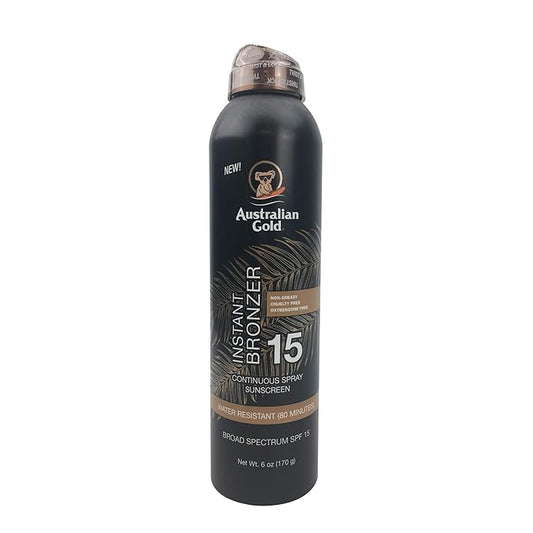 Australian Gold Continuous Spray Sunscreen with Instant Bronzer SPF 15, Immediate Glow & Dries Fast, Broad Spectrum, Water Resistant, Non-Greasy, Oxybenzone Free, Cruelty Free, 6 Ounce