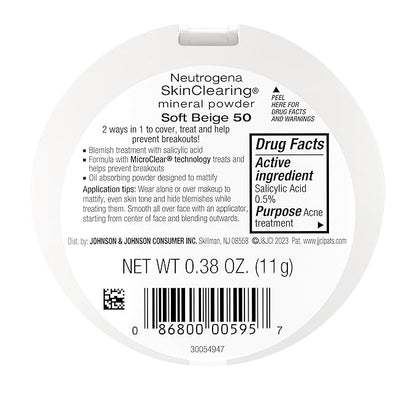 Neutrogena SkinClearing Mineral Acne-Concealing Pressed Powder Compact, Shine-Free 38 oz