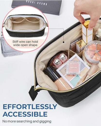 BAGSMART Makeup Bag Travel Toiletry Bag, Puffy Padded Make Up Bags for Women Makeup Organizer Case, Wide-open Pouch Purse Travel Essentials Toiletries Accessories Brushes, Black