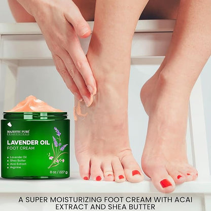 Majestic Pure Lavender Oil Foot Cream, Warming Cream - Calluses, Dry Cracked Feet, Hands, Heels, Elbow, Nails, and Knees - Softens & Moisturizes Skin - 8 oz