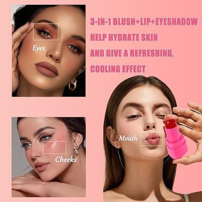 Water Jelly Tint Blush, 3-In-1 Multi-Use Blush Cream Blush Stick for Eyes, Cheeks & Lips, Hydrating & Bouncy Jelly Texture, Blends Perfect for Skin Portable Multipurpose Long Lasting Waterproof(02, s)