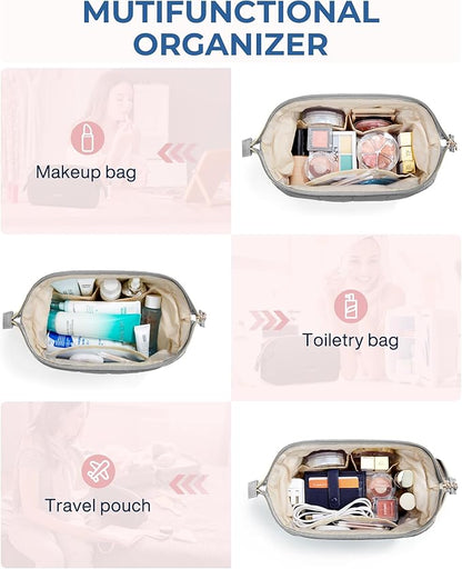 BAGSMART Makeup Bag Travel Toiletry Bag, Puffy Padded Make Up Bags for Women Makeup Organizer Case, Wide-open Pouch Purse Travel Essentials Toiletries Accessories Brushes, Gray