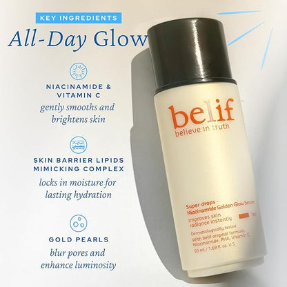 belif Vitamin C Golden Glow Serum for Face & Body – Brightening Luminizer & Hydrating Makeup Primer, Blur Pores & Even Skin Texture with Niacinamide & PHA, Korean Skincare, 1.69 fl.oz