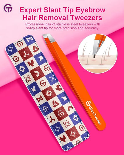 Expert Eyebrow Hair Removal Tweezer with Leather Case, GlamTweeler High Precision Slant Tip Stainless Steel Tweezers for Men and Women (Orange)