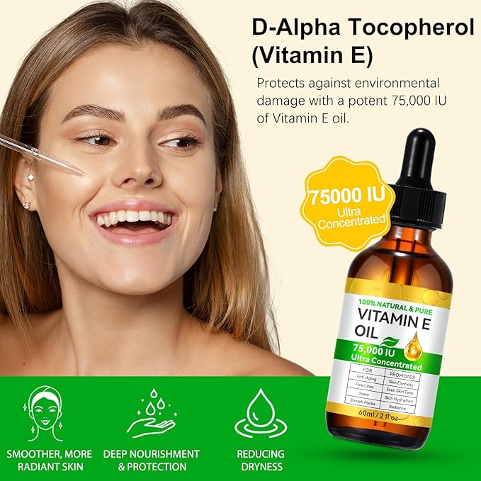 Natural Vitamin E Oil for Skin, 75,000 IU Ultra Concentrated Vitamin E Oil for Face, Hair and Scars, Moisturizing Dry Skin Oils, Promotes Skin Elasticity, 2Fl Oz