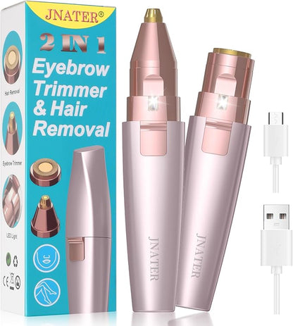 Eyebrow Facial Hair Remover - 2 in 1 Rechargeable Eyebrow Trimmer and Facial Hair Removal for Women, Painless Electric Hair Removal Device with LED Light for Face Eyebrows Peach Fuzz Lip Body