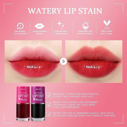 Lip Tint Stain Set, Korean Lip Tint Glossy Lip Stain Plumping Mini Liquid Lipstick, Multi-use Lip and Cheek Tint, Long-Wear Lip Stain Non-Stick Cup Lip Tint (Strawberry + Cherry)