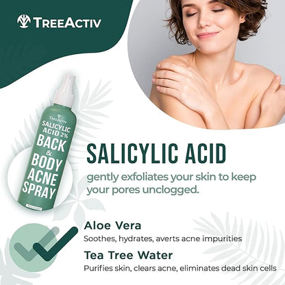 Salicylic Acid Back & Body Acne Spray, Back Acne Solution For Women And Men, Acne Body Spray with Tea Tree Oil, Fast-Drying Back Acne Spray, Fine Mist, Back Acne Treatment Spray, 4 fl oz, 2-pack