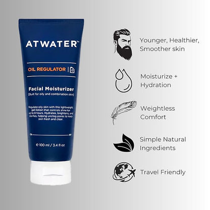 ATWATER Mens Face Moisturizer with Oil Control Complex, Unscented Lightweight Formula - Mens Face Lotion for Oily Skin that Hydrates and Controls Shine - 3.4 oz