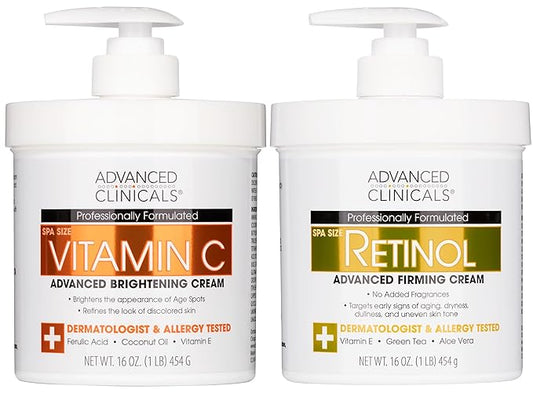 Advanced Clinicals Retinol Body Lotion + Brightening Vitamin C Lotion 2pc Skincare Set For Women & Men | Body Cream & Face Moisturizer Set Helps Improve The Look Of Dark Spots & Uneven Skin Tone, 2PC