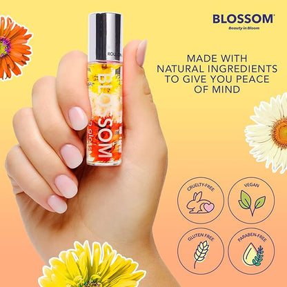 Blossom Roll on Lip Gloss, Scented Clear High Shine Moisturizing Lip Oil, Non Sticky, Infused with Real Flowers, Made in USA, 0.2oz, Passion Fruit