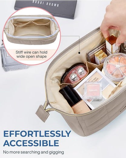 BAGSMART Makeup Bag Travel Toiletry Bag, Puffy Padded Make Up Bags for Women Makeup Organizer Case, Wide-open Pouch Purse Travel Essentials Toiletries Accessories Brushes, Camel