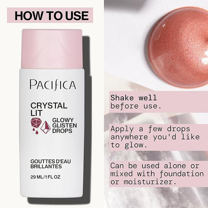 Pacifica Crystal Lit Glowy Glisten Drops – Face Makeup - Shimmery Multi-Use Liquid Blush/Highlighter for Radiant, Dewy Cheeks Luminous Glow Clean Beauty Vegan & Cruelty-Free Dermatologist Tested