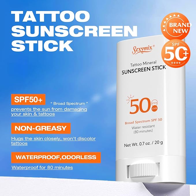 Sexymix Tattoo Sunscreen Stick, SPF 50 Waterproof Sunscreen Stick Broad Spectrum UVA/UVB Protection 0.7 oz with Zinc Oxide, Tattoo Aftercare Sunscreen for Tattoos Non-Dirty Hands Available Anytime