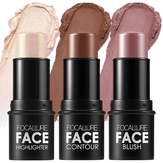 FOCALLURE 3 Pcs Cream Contour Sticks,Shades with Highlighter Finishing Makeup,NEUTRAL