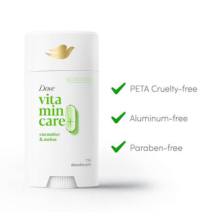 Dove VitaminCare+ Aluminum Free Deodorant Stick Cucumber & Melon for 72H Odor Protection Breathable Deodorant for Women 2.6 oz