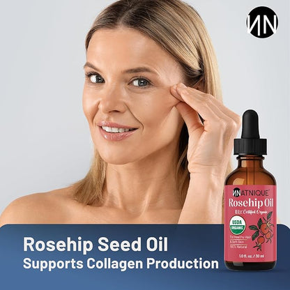 Rosehip Seed Oil Organic 1oz, USDA Certified, 100% Pure Rosehip Oil for Face, Hair & Skin. Cold Pressed Natural Moisturizer for Hair, Skin Scalp & Nails. Ideal to use for Gua Sha Massage.