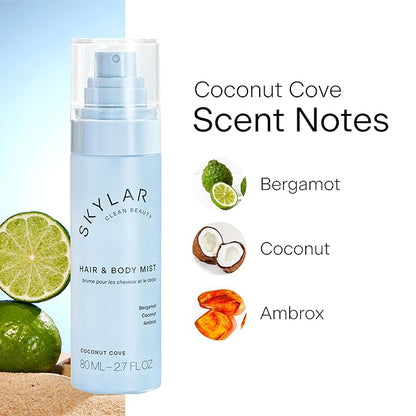 Skylar Coconut Cove Hair & Body Mist | Hypoallergenic & Clean Fragrance | Vegan, Cruelty Free, and Safe For Sensitive Skin | 80 ML, 2.7 Fl Oz