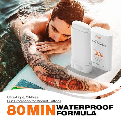 Sexymix Tattoo Sunscreen Stick, SPF 50 Waterproof Sunscreen Stick Broad Spectrum UVA/UVB Protection 0.7 oz with Zinc Oxide, Tattoo Aftercare Sunscreen for Tattoos Non-Dirty Hands Available Anytime