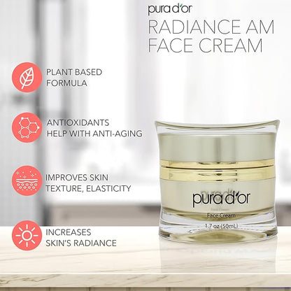 PURA D'OR 1.7 Oz Radiant Glow AM Face Cream - Methylene Blue, Polyphenols, Flavonoids, Apple Stem Cell Extract - Aloe Vera Base Anti-Aging Morning Moisturizer - Daily Facial Treatment For Women & Men
