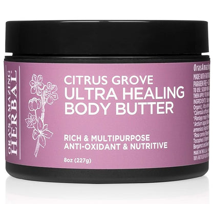 Ora's Amazing Herbal Ultra Healing Body Butter, Intensive Moisturizer For Dry Skin, Marjoram & Bergamot Essential Oil, 8 oz, Citrus Grove Scent