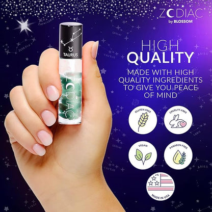 Blossom Zodiac Sign Vanilla Scented Moisturizing Roll-On Lip Gloss with Crystals + pH Technology Color Changing Crystal Strawberry Scented Lip Balm, 2 Pack Bundle, Taurus/Turquoise
