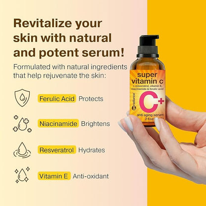Double Size (2OZ) Super Vitamin C Serum for Face w/Niacinamide Serum, 5% Vitamin C Face Serum w/Hyaluronic Acid, Resveratrol, Anti-Aging Brightening Super C Serum, Facial Serum Vitamina C, E