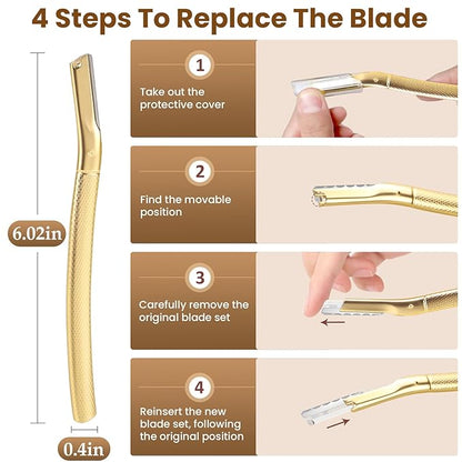 Dermaplaning Tool for Face, Dermaplane Razor for Peach Fuzz with Metal Grip, Professional Eyebrow Razor for Women, Facial Razor for Women Gold (12 Replaceable Blades)