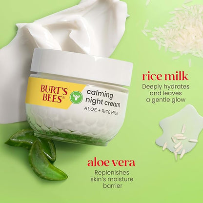 Burt's Bees Calming Night Cream, With Aloe and Rice Milk, Face Moisturizer For Sensitive Skin Infuses Skin With Moisture While You Sleep, 98.8 Percent Natural Origin, 1.8 oz. Tub