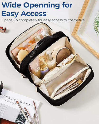 BAGSMART Toiletry Bag for Women, Travel Makeup Bag Organizer, Wide-open Make Up Bag Cosmetic Bags for Women for Travel Essentials Toiletries Accessories Bottles, Brushes, Black