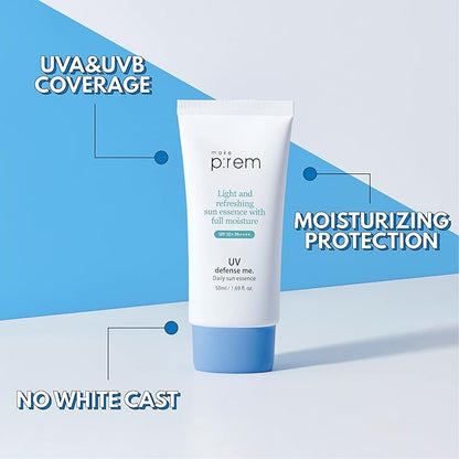 MAKEPREM UVA UVB Defense Me Daily Sun Essence VEGAN Makeup Sunscreen Gel SPF 50+ PA++++ 1.69 Fl Oz Reef-Safe Moisture Sunblock Strong UV Blue Ray Broad Protection Dry Oily Sensitive Acne-Prone Skin