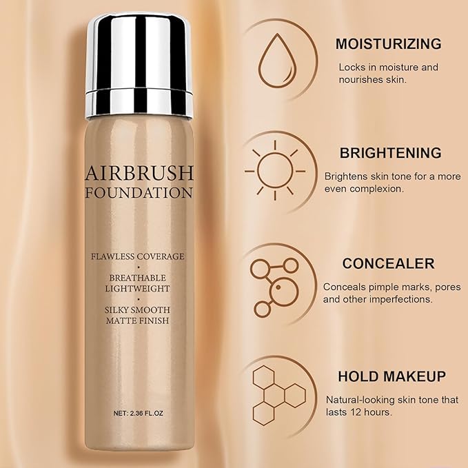 Airbrush Foundation Makeup Spray, Long Lasting Waterproof Full (#2 Beige) 2.36oz