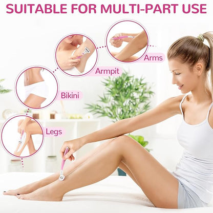DreamGenius Razors for Women Include 2 Non-Slip Handles and 14 Blade Refills with a Shower Holder, 5 Premium Blades Women's Razors for Shaving with 360° Lubrication Reduces Irritation, Pink