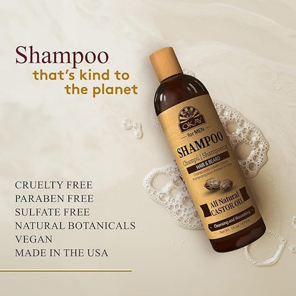 Okay for MEN Castor Oil Hair & Beard Shampoo - Hydrating Shampoo for Healthy Hair & Beard Growth, Moisturizing Care, Strengthen & Restore Damage, Natural, Sulfate-Free - 16 Oz