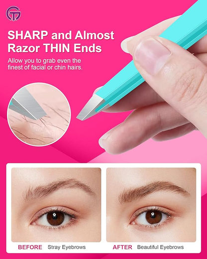 Expert Eyebrow Hair Removal Tweezer with Leather Case, GlamTweeler High Precision Slant Tip Stainless Steel Tweezers for Men and Women (Robin's Egg Blue)
