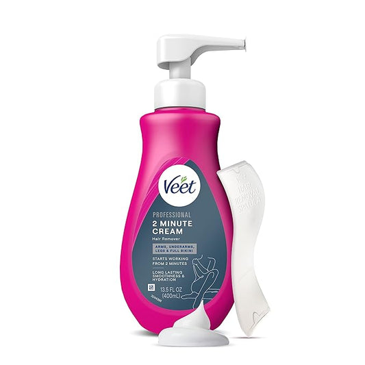 VEET Professional 2 Minute Hair Removal Cream For All Skin Types with Shea Butter | Effective Full Bikini Hair Removal, Pubic Hair Removal Gel | Dermatologically Tested | 13.5 FL OZ Bottle w/Spatula